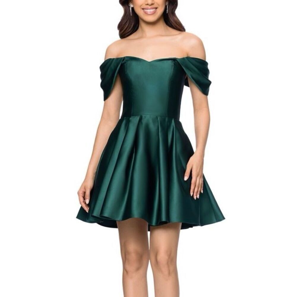 Blondie NitesโHunter Green Short Satin Off Shoulder Drape Sleeve Dress Size 5